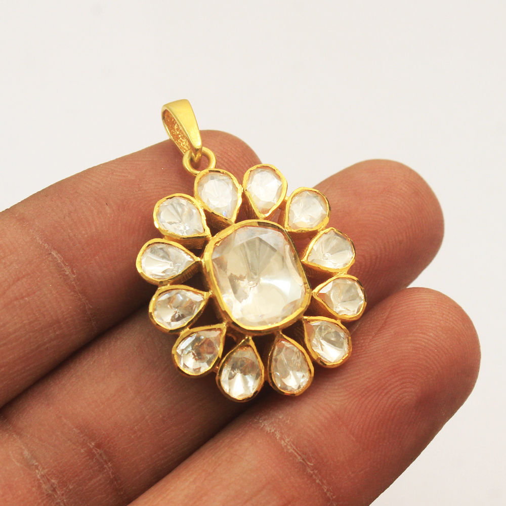 925 Sterling Jewelry Gift For Her Gold Plated Indian Ethnic Jwellery Indian Kundan Jewelry Kundan Polki Pendant Moissanite Pendant Woman Jwellery