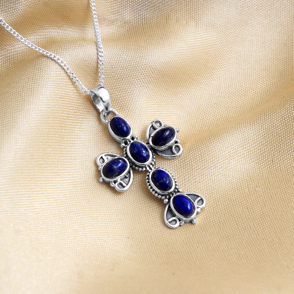 Cross Pendant Fashion Jewelry Handmade Jewelry Lapis Lazuli Pendant Pendant With Chain Silver Necklace Women Jewelry