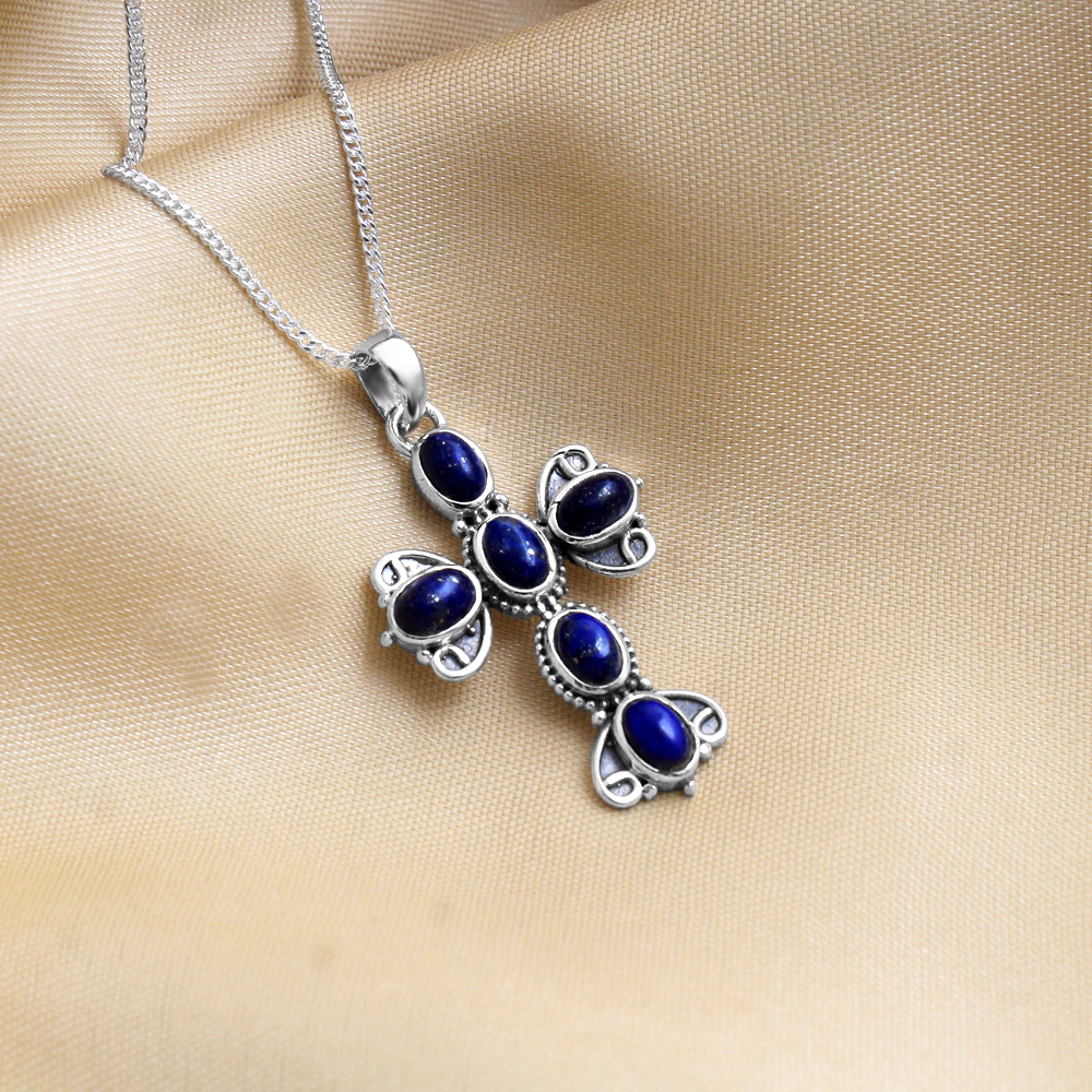 Cross Pendant Fashion Jewelry Handmade Jewelry Lapis Lazuli Pendant Pendant With Chain Silver Necklace Women Jewelry