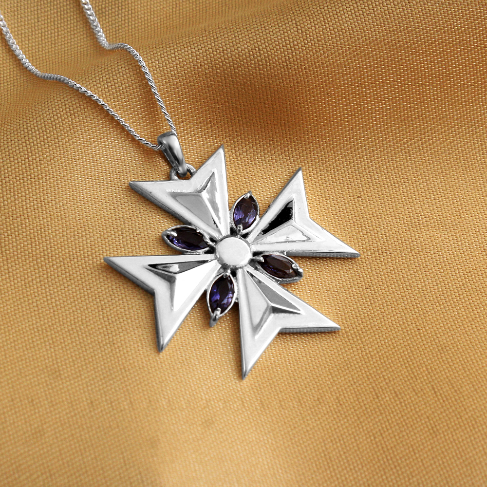 Fashion Jewelry Gift For Her Handmade Jewelry Iolite Pendant Maltese Cross Necklace Silver Necklace Women Jewelry