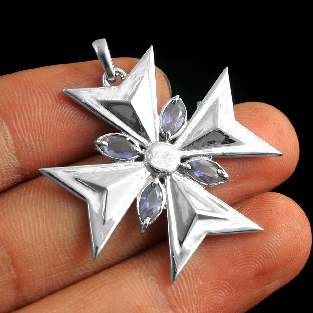 Fashion Jewelry Gift For Her Handmade Jewelry Iolite Pendant Maltese Cross Necklace Silver Necklace Women Jewelry