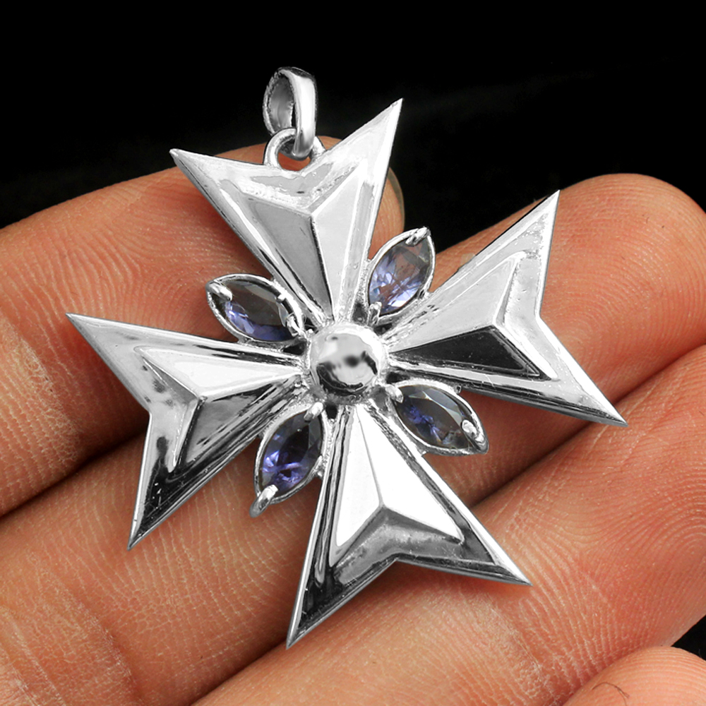 Fashion Jewelry Gift For Her Handmade Jewelry Iolite Pendant Maltese Cross Necklace Silver Necklace Women Jewelry