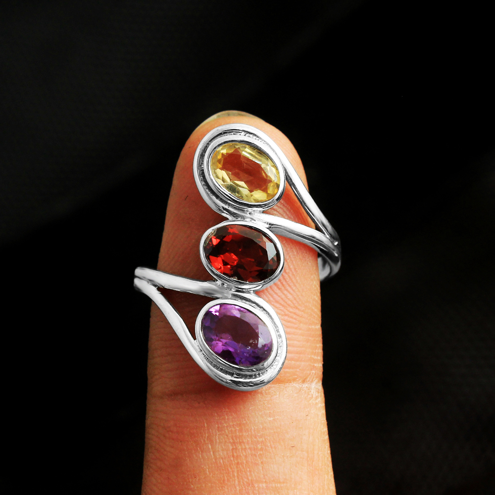 Amethyst Citrine Silver Ring Garnet Ring