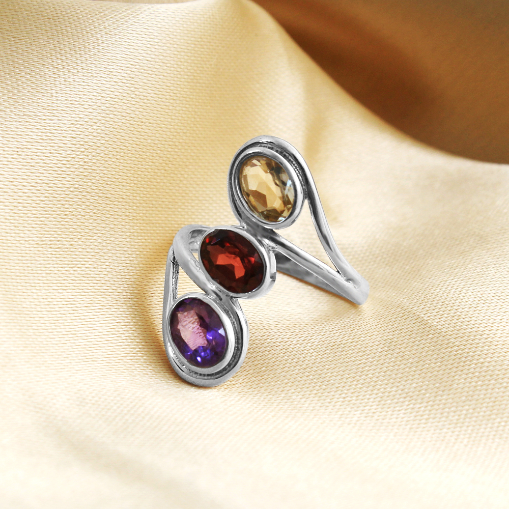 Amethyst Citrine Silver Ring Garnet Ring