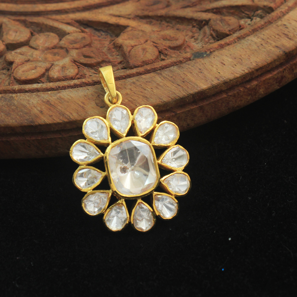 925 Sterling Jewelry Gift For Her Gold Plated Indian Ethnic Jwellery Indian Kundan Jewelry Kundan Polki Pendant Moissanite Pendant Woman Jwellery