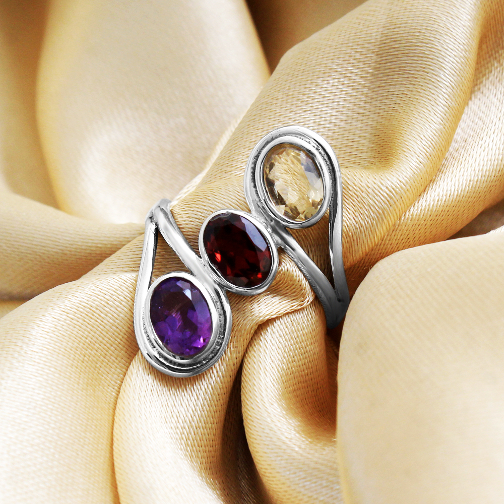 Amethyst Citrine Silver Ring Garnet Ring