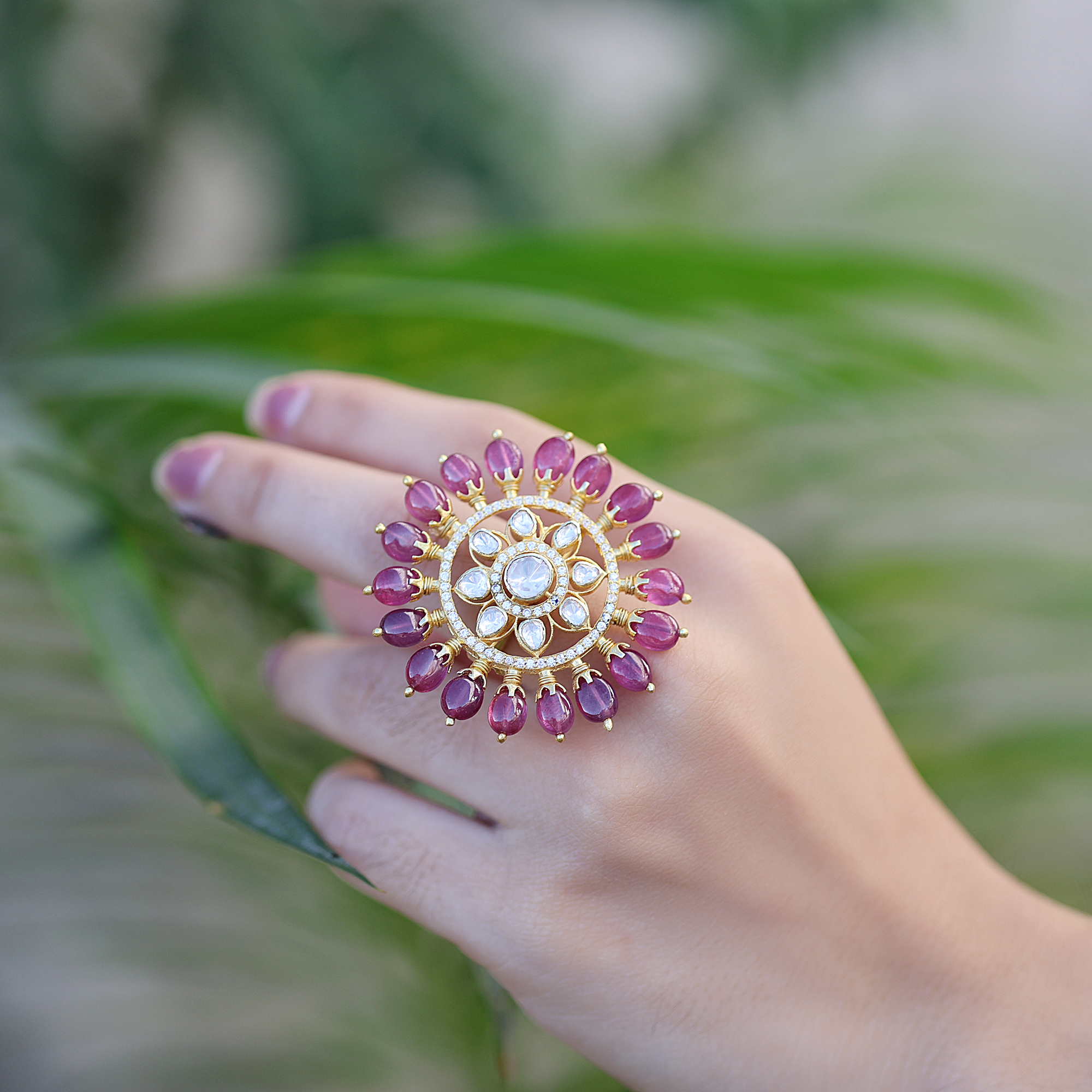 925 Sterling Silver Adjustable Ring Artistic Ring Gold Plated Jewelry Hand Made Jwellery Indian Ethnic Jewelry Indian Kundan Jewelry Kundan Polki Ring Weddding Ring