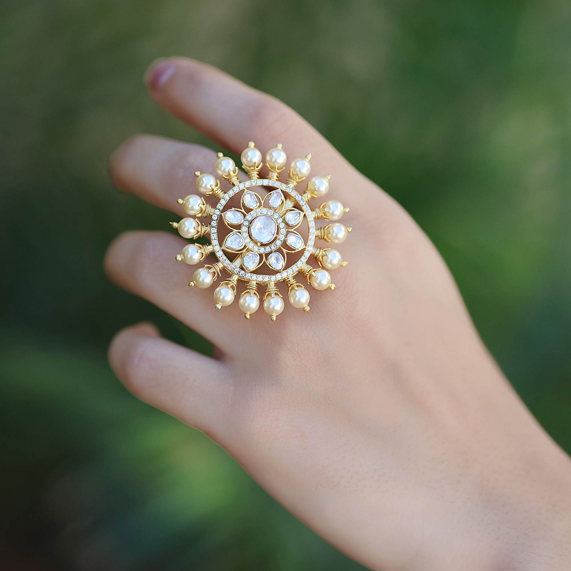 925 Sterling Silver Adjustable Ring Anniversary Gift Artistic Ring Gift For Her Gold Plated Jewelry Handmade Ring Indian Ethnic Jewelry Indian Kundan Jewelry Indian Kundan Polki Ring Kundan Polki Jewelry Weddding Ring Woman Ring