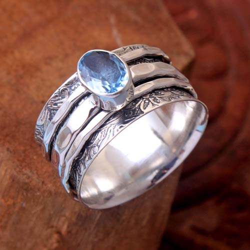 Natural Blue Topaz Gemstone Silver Spinner Ring 925 Sterling 